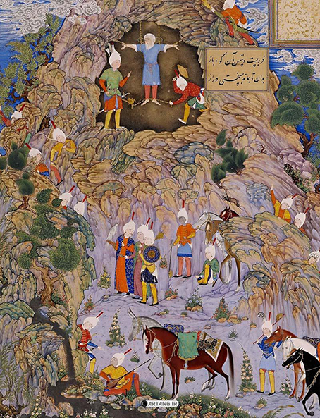 نقاشی به بند کشیدن ضحاک در شاهنامه بایسنقری