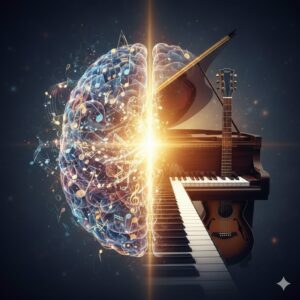 تصویری مفهومی از مغز انسان که نیمی از آن با نتهای موسیقی درخشان و ساختارهای هارمونیک پر شده و نیم دیگر یک پیانو و گیتار را نشان میدهد. نوری گرم از بخش تئوری به سمت سازها میتابد و نمادی از ارتباط بین درک ذهنی و اجرای فیزیکی موسیقی است.