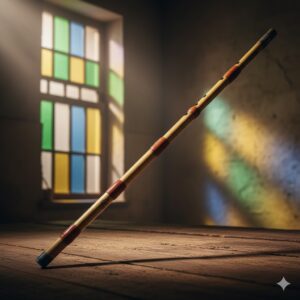 تصویری زیبا و هنرمندانه از یک ساز نی هفتبند که به آرامی در فضای یک اتاق سنتی قرار گرفته است. نور ملایم خورشید از پنجرهای با شیشههای رنگی به داخل میتابد و سایههایی دلنشین را روی دیوار و سطح چوبی اتاق ایجاد میکند. این تصویر حس آرامش، اصالت و عمق هنر موسیقی ایرانی را به خوبی منتقل میکند.