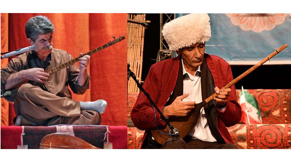 یک نوازندهٔ ترکمن مشغول نواختن دوتار و یک نوازندهٔ کرد مشغول نواختن تنبور
