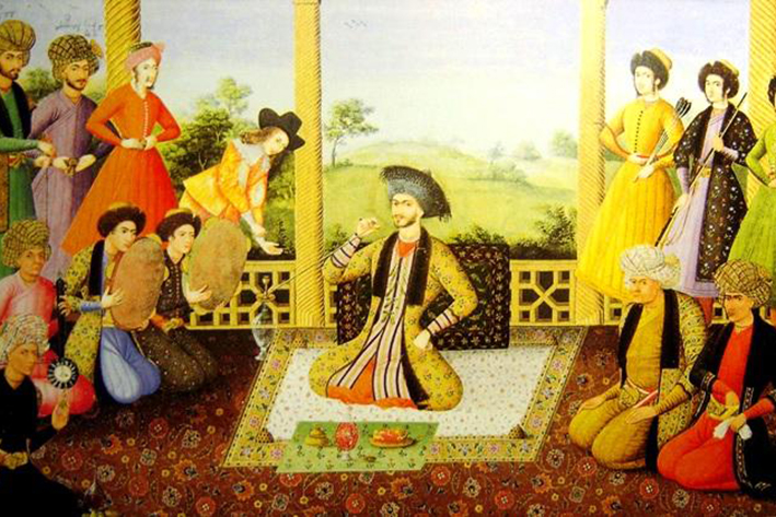 یکی از نقاشی‌های دورهٔ صفوی با تصویر دف‌نوازان در آن