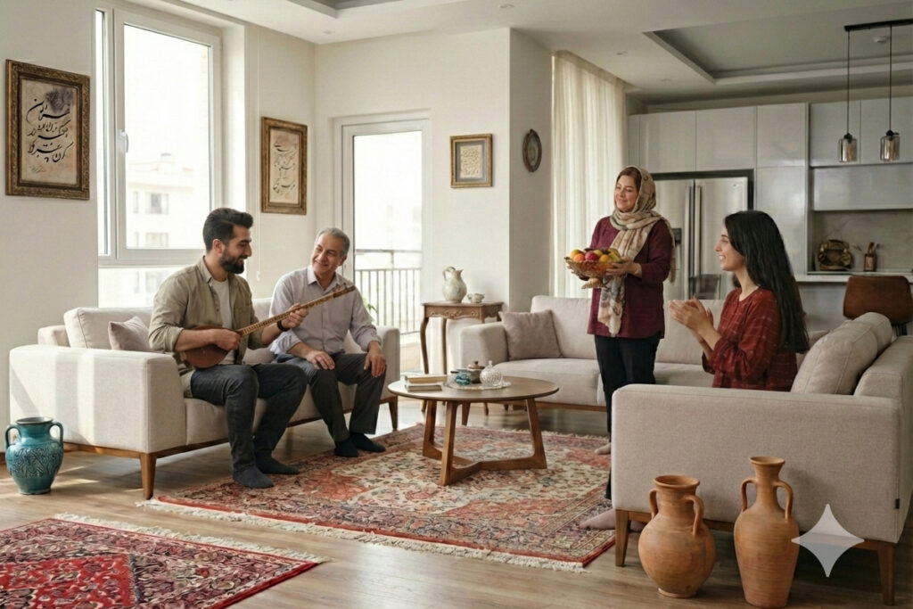 شخصی در حال سه تار زدن در جمع خانواده