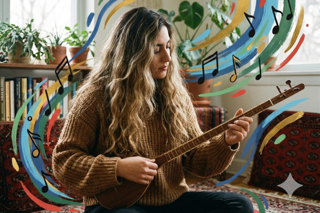 دختر جوانی در حال نواختن سه تار