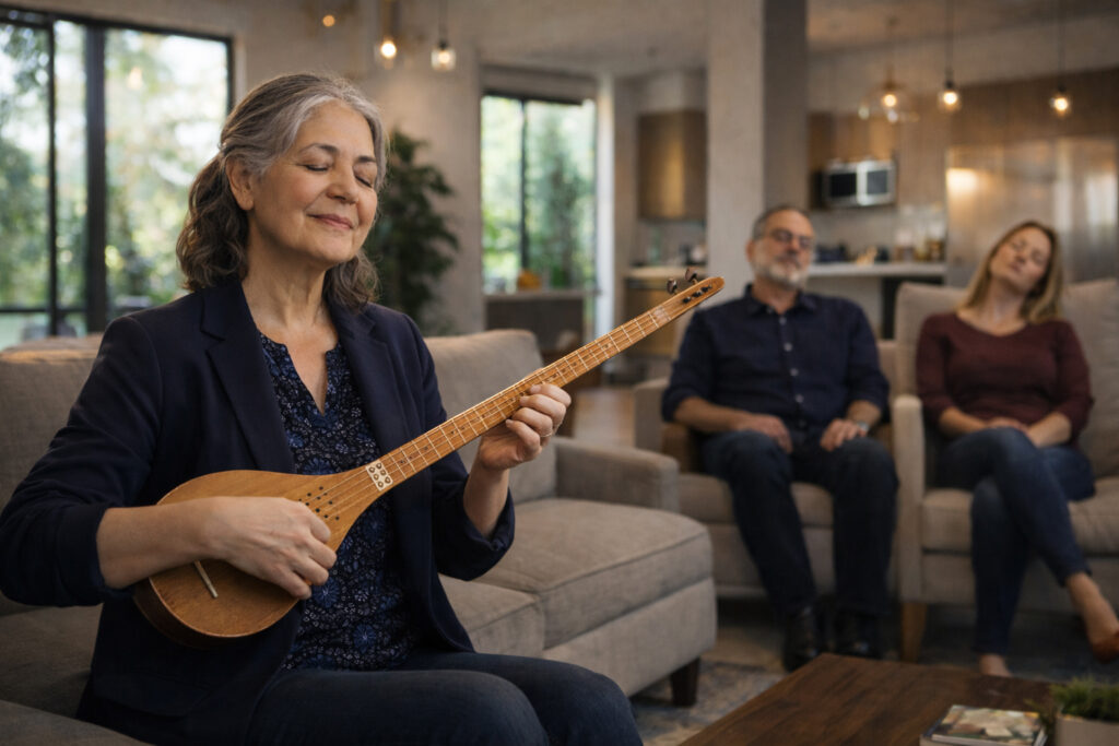 بانویی مسن در حال سه‌تار‌نوازی برای اعضای خانواده