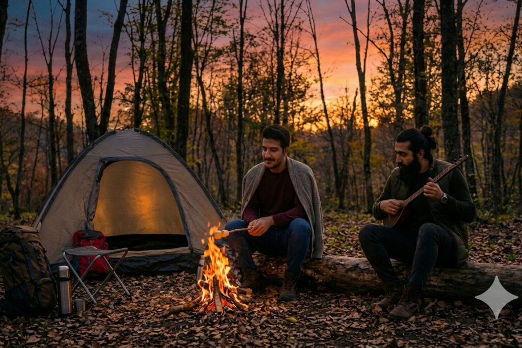 شخصی در حال نوازندگی سه تار در یک کمپ جنگلی