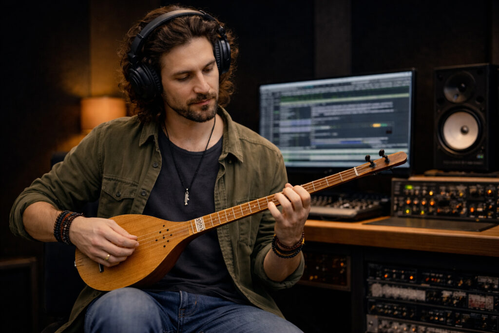 یک نوازنده سه‌تار در استودیوی موسیقی