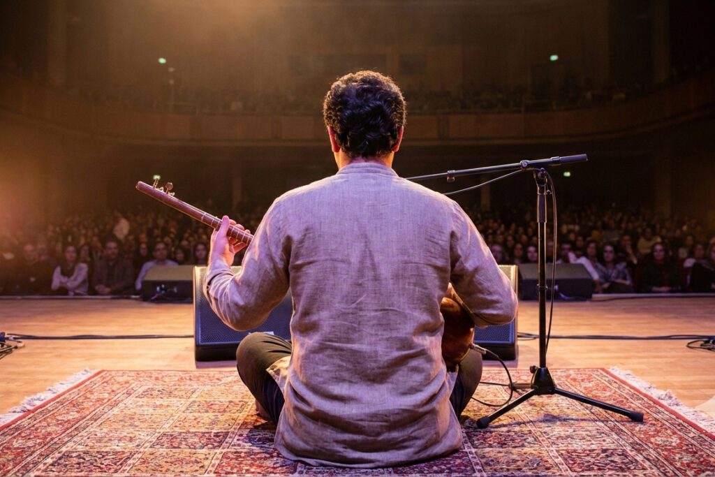 یک سه تار نواز در حال اجرای موسیقی در برابر تماشاگران